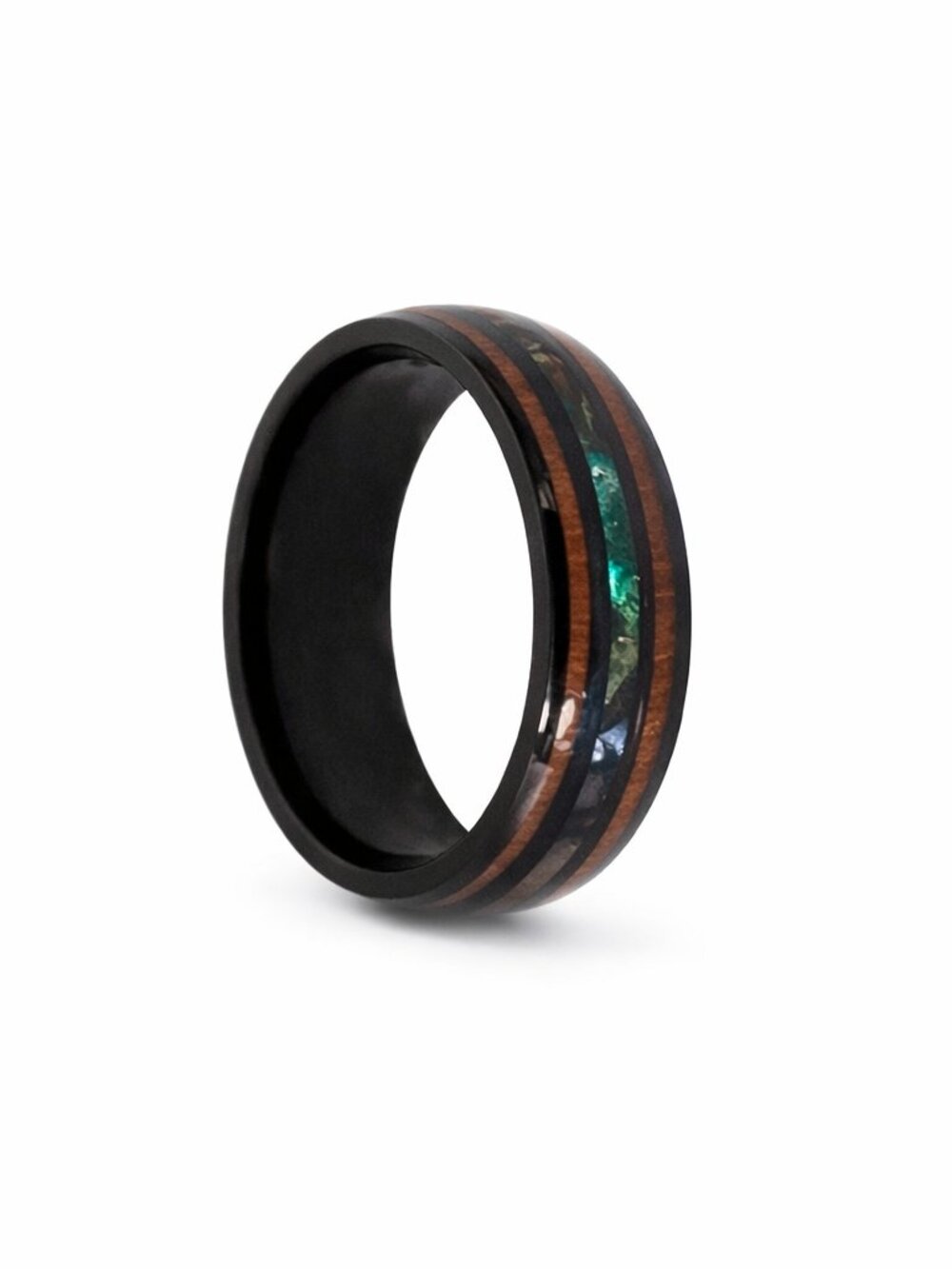 Size 13 Black Stainless Steel Wedding Ring - Wood Grain & Iridescent Inlay